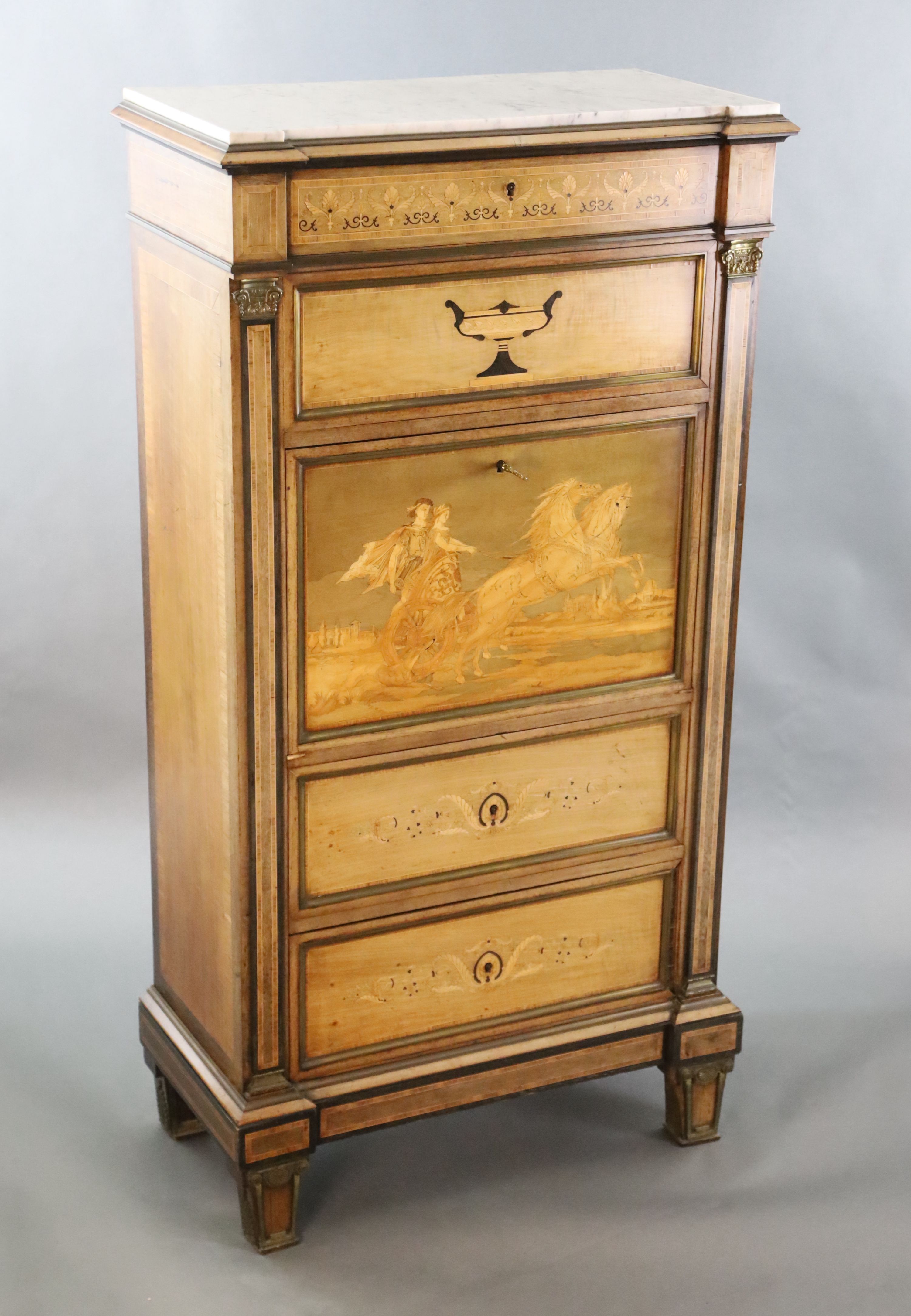 A 19th century French Louis XVI style ormolu mounted parquetry, mahogany secretaire à abbatant, W.2ft 7.5in. D.1ft 4in. H.5ft
